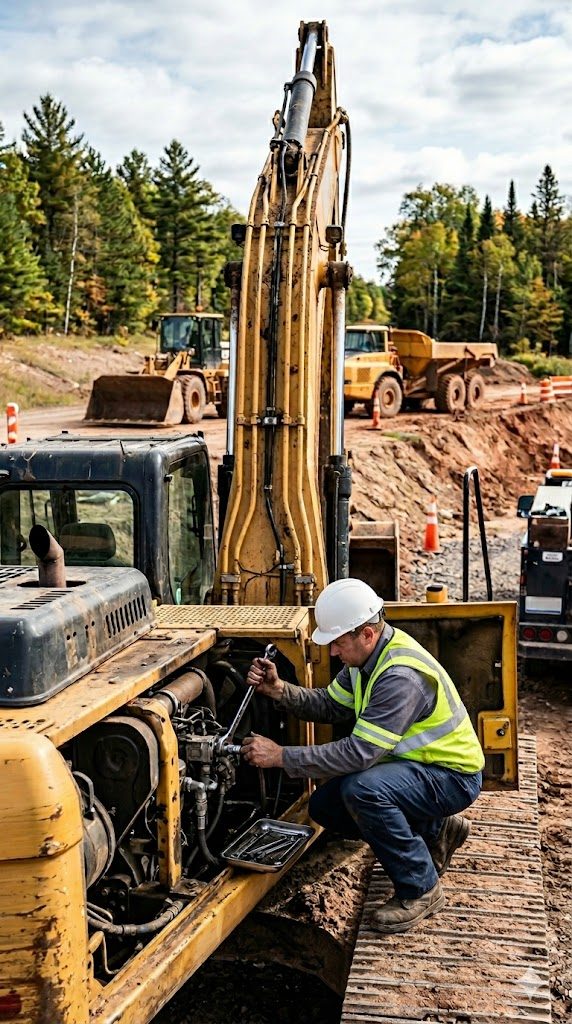 Lapeer Mobile Mechanic technician servicing an excavator engine on a construction jobsite