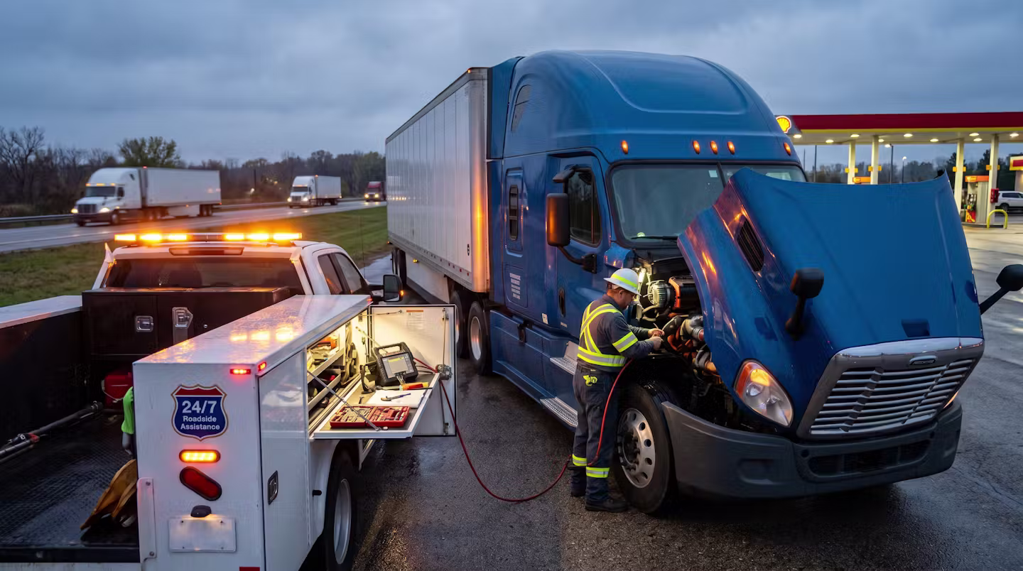 Mobile mechanic performing on-site diesel repair on a semi truck at dusk
