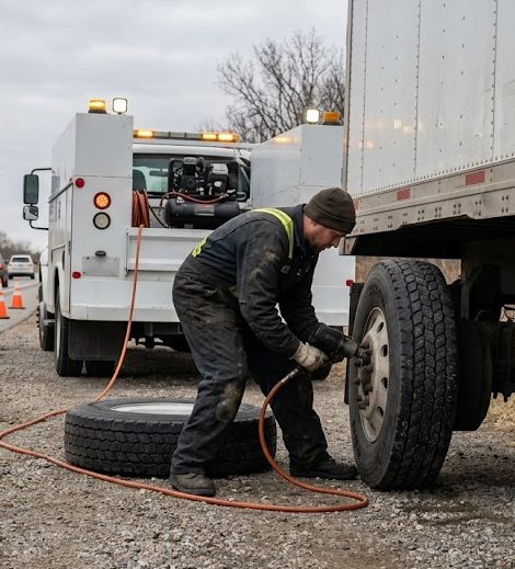 Lapeer Mobile Mechanic technician changing a semi trailer tire roadside next to the service truck